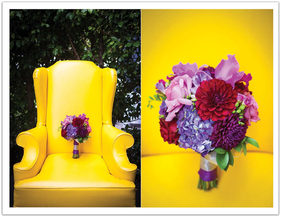 Modern Santa Monica Wedding Yellow Chair Fuschia Orchid Bouquet