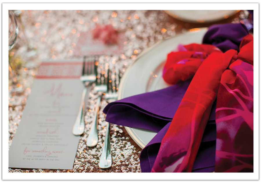 Purple Napkin Blush Sequins tablescape Palm Springs Colorful Wedding | www.alchemyfineevents.com